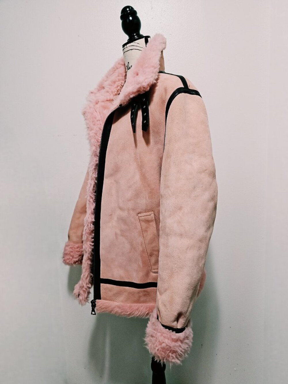 NewReal Sheepskin Shearling Lamb Fur Suede Leather Coat Jacket Pink Coral Biker - Picture 5 of 8